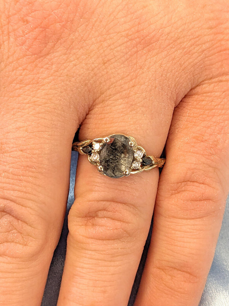 Vintage 1.5ct, 2CT Oval Gray Salt and Pepper Diamond Engagement Ring | 14k White Gold Ring | Nature Inspired Seven Stone Wedding Ring Women