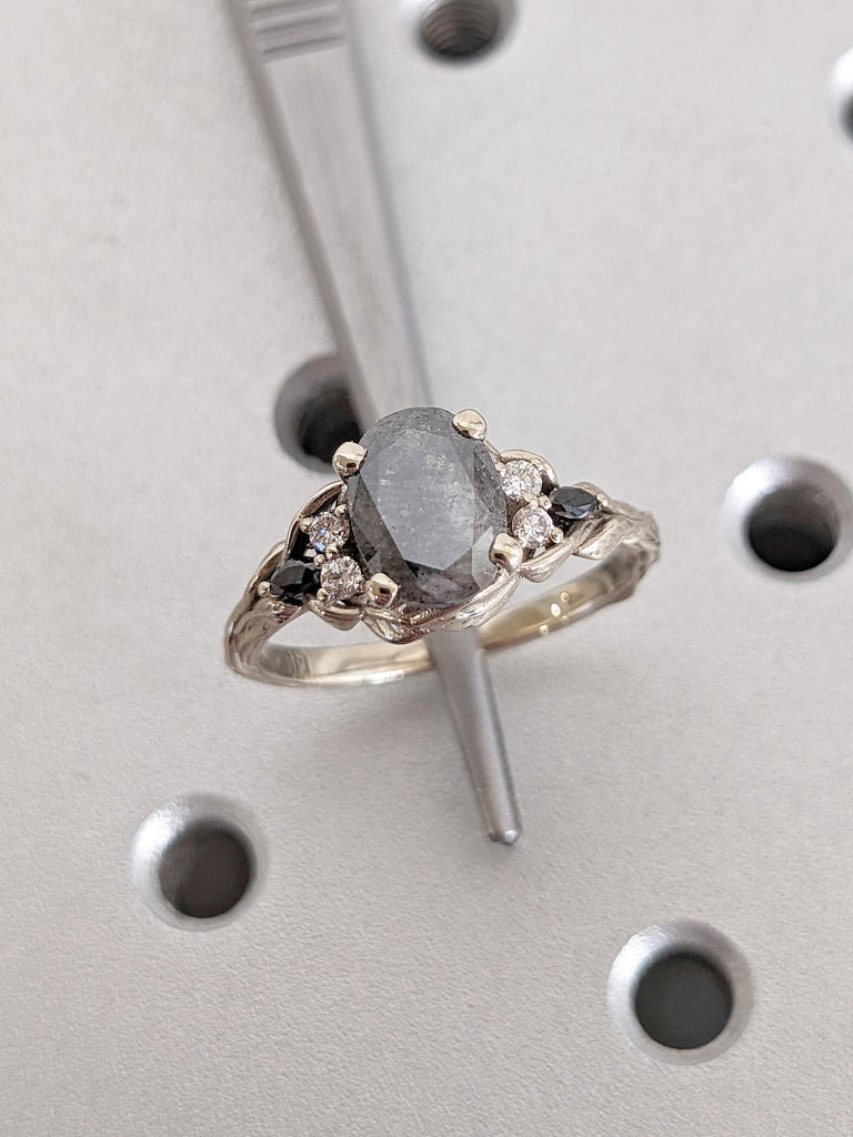 Vintage 1.5ct Oval Gray Salt and Pepper Diamond Engagement Ring | 14k White Gold Ring | Branch Twig Nature Inspired Seven Stone Diamond Wedding Ring Women
