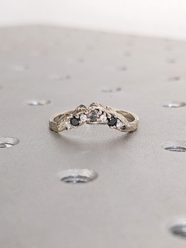 Vintage Leaf Wedding Band Women | Unique Black Diamond Ring Stacking Ring | Antique White Gold Band Vine | Delicate Matching Band Leaf Ring