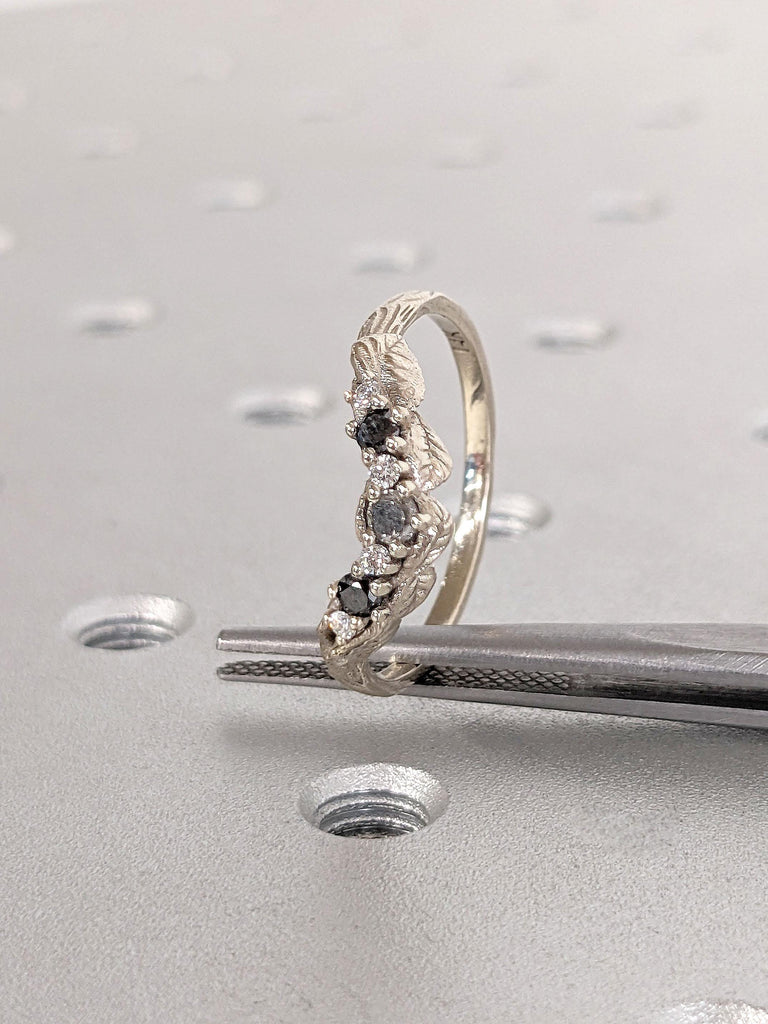 Art Deco Leaf Wedding Band | White Gold Natural Inspire Leaf Branch Ring | Wedding Ring | Stacking Matching Custom Ring Anniversary Gift For Her | Diamond Cluster Ring | Black Onyx Diamond