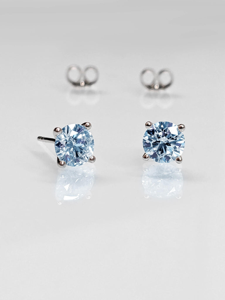 Aquamarine Earrings | 1ct Round-cut Aquamarine | Push Back Stud Earrings Solitaire | 14k Yellow / White / Rose Gold, Platinum Earrings