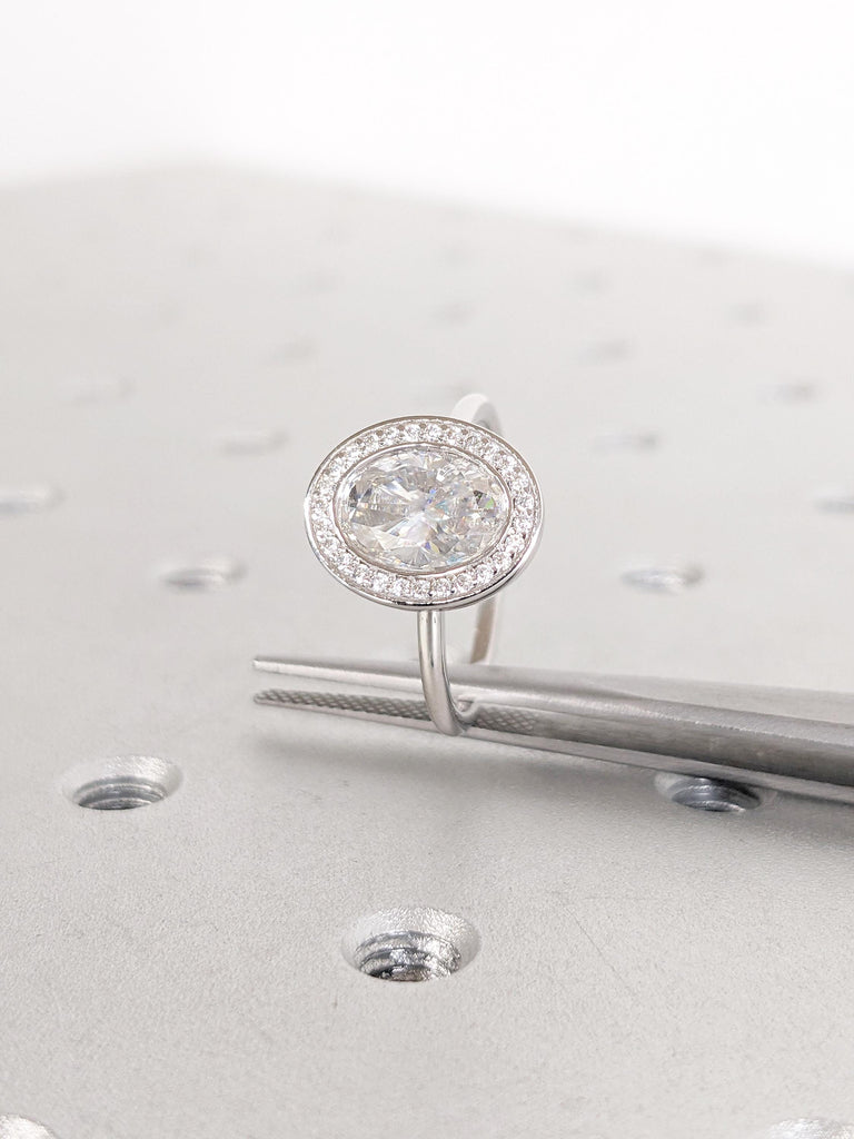 Lab Grown Diamond Engagement Ring, Art Deco 14k White Gold Oval Halo Ring, Solitaire Lab Created Diamond Ring, Bezel Set Gold Diamond Ring