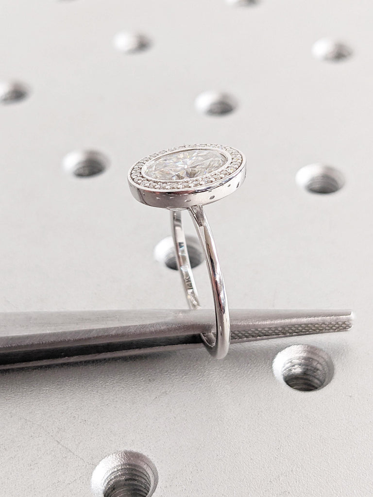 Lab Grown Diamond Engagement Ring, Art Deco 14k White Gold Oval Halo Ring, Solitaire Lab Created Diamond Ring, Bezel Set Gold Diamond Ring