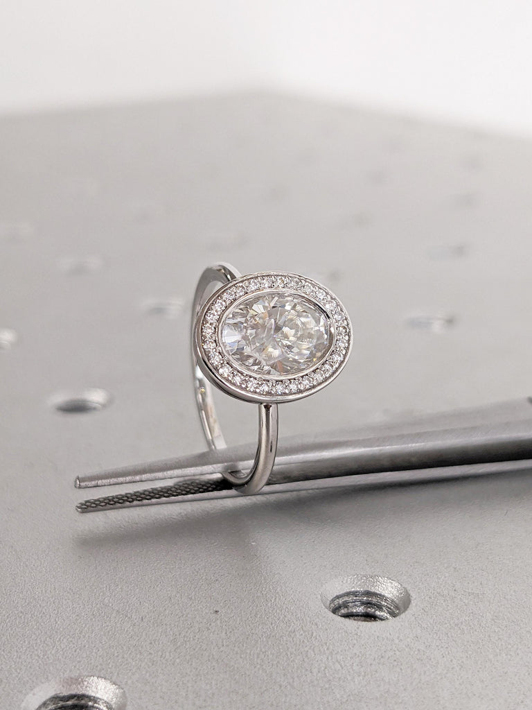 Lab Grown Diamond Engagement Ring, Art Deco 14k White Gold Oval Halo Ring, Solitaire Lab Created Diamond Ring, Bezel Set Gold Diamond Ring
