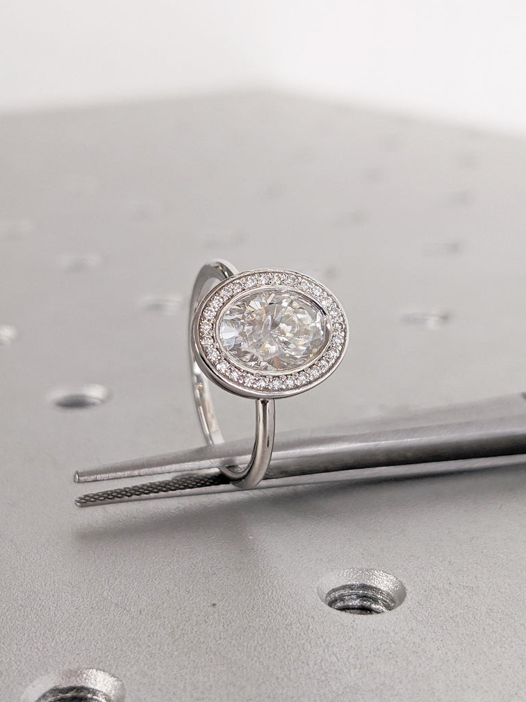 Dainty 14k Gold Ring | Bezel Set Moissanite Ring | Unique Solitaire Anniversary Ring | Round Moissanite Halo Ring | Wedding Anniversary Gift