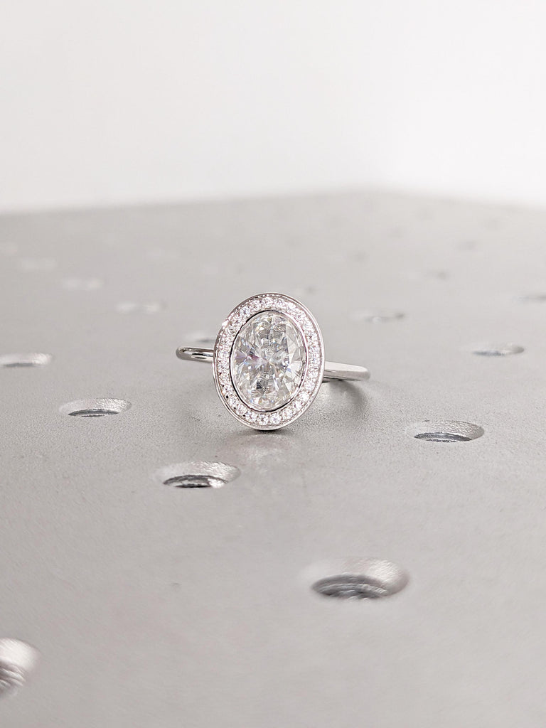 Dainty 14k Gold Ring | Bezel Set Moissanite Ring | Unique Solitaire Anniversary Ring | Round Moissanite Halo Ring | Wedding Anniversary Gift