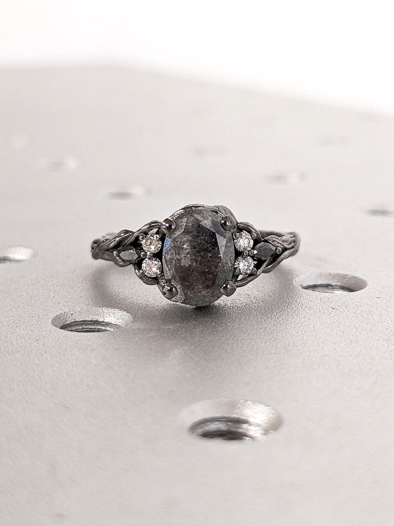 Vintage 1.5ct Oval Gray Salt and Pepper Diamond Engagement Ring | 14k Gold Ring | Branch Twig Nature Inspired Seven Stone Diamond Wedding Ring Women