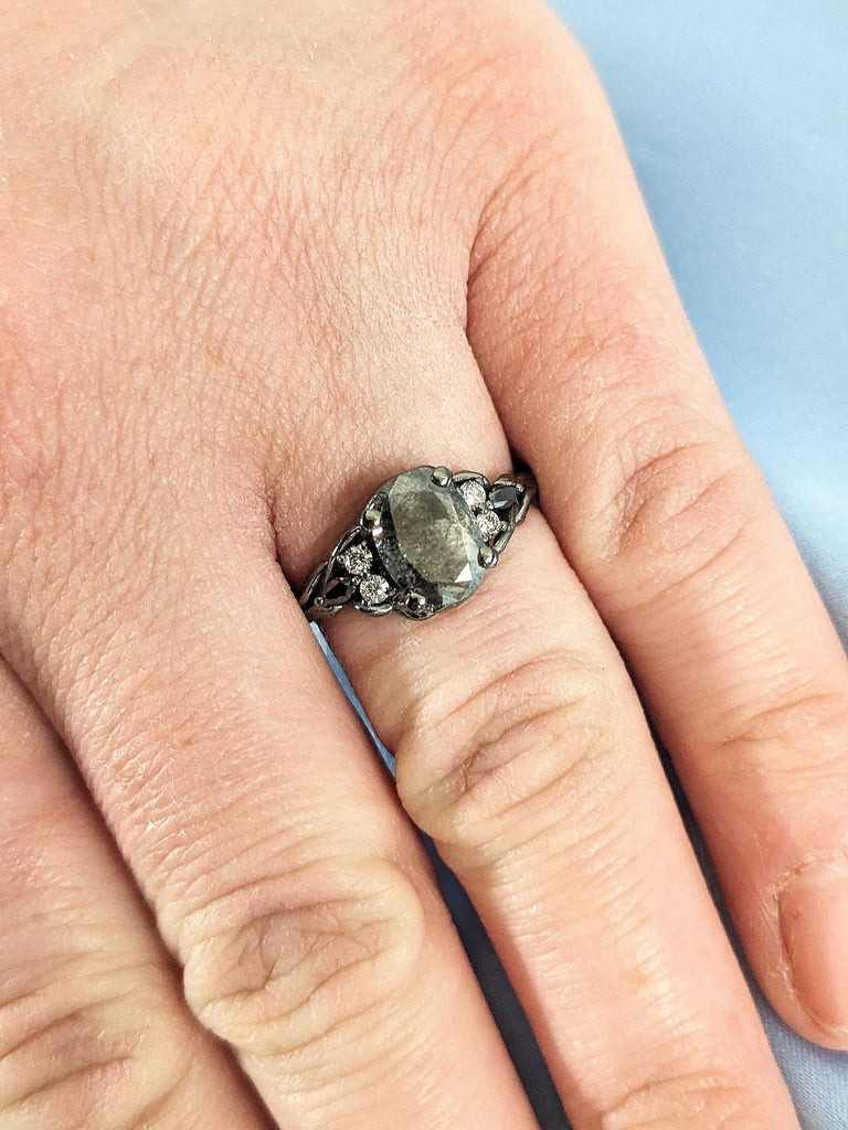Vintage 1.5ct Oval Gray Salt and Pepper Diamond Engagement Ring | 14k Black Gold Ring | Branch Twig Nature Inspired Seven Stone Diamond Wedding Ring Women | Gothic Engagement Ring