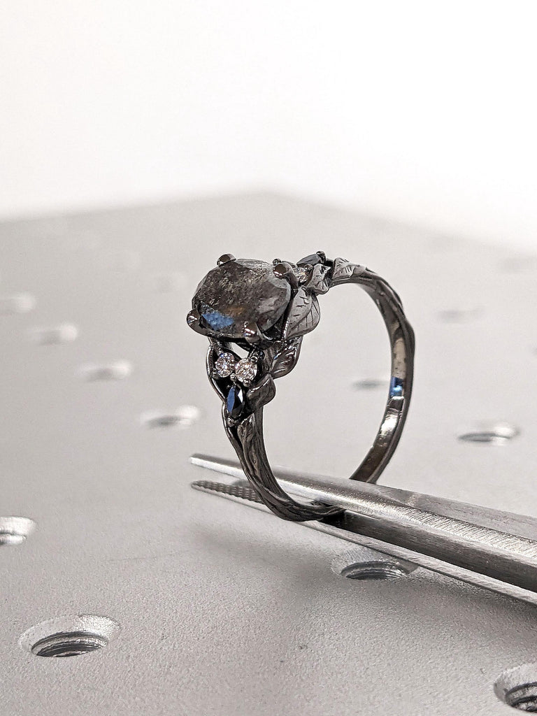 Vintage 14k 18k Black Gold Engagement Ring | Branch and Leaf Black Diamond Engagement Ring | Oval Salt and Pepper Diamond Black Promise Ring