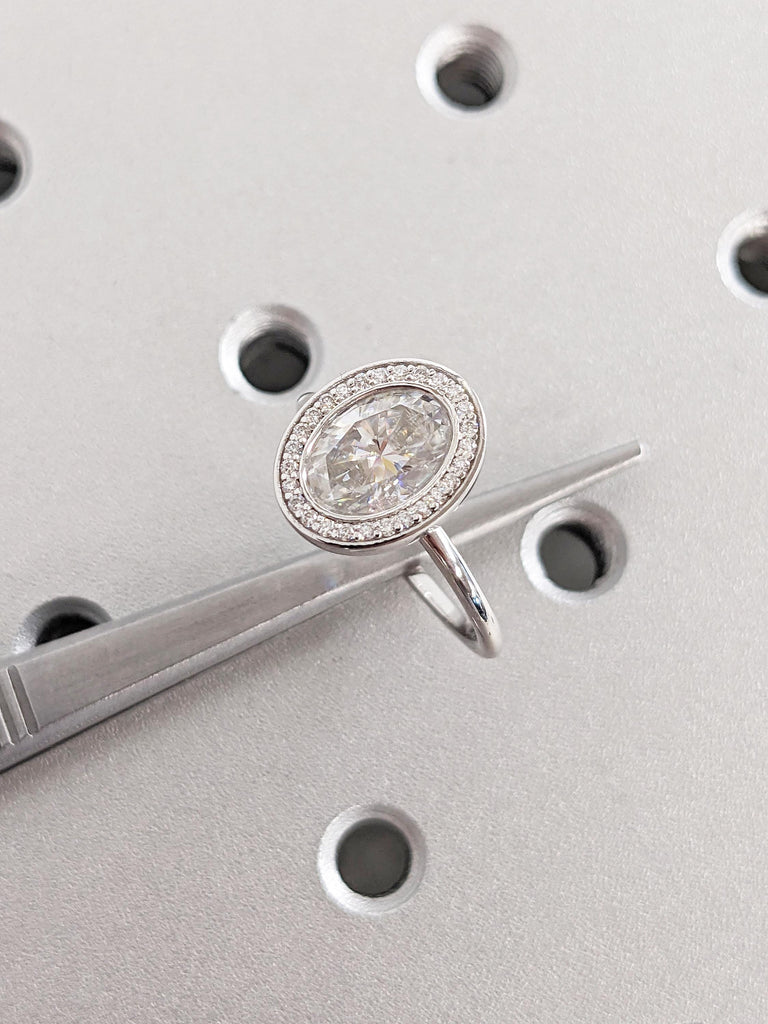 Dainty 14k Gold Ring | Bezel Set Moissanite Ring | Unique Solitaire Anniversary Ring | Round Moissanite Halo Ring | Wedding Anniversary Gift