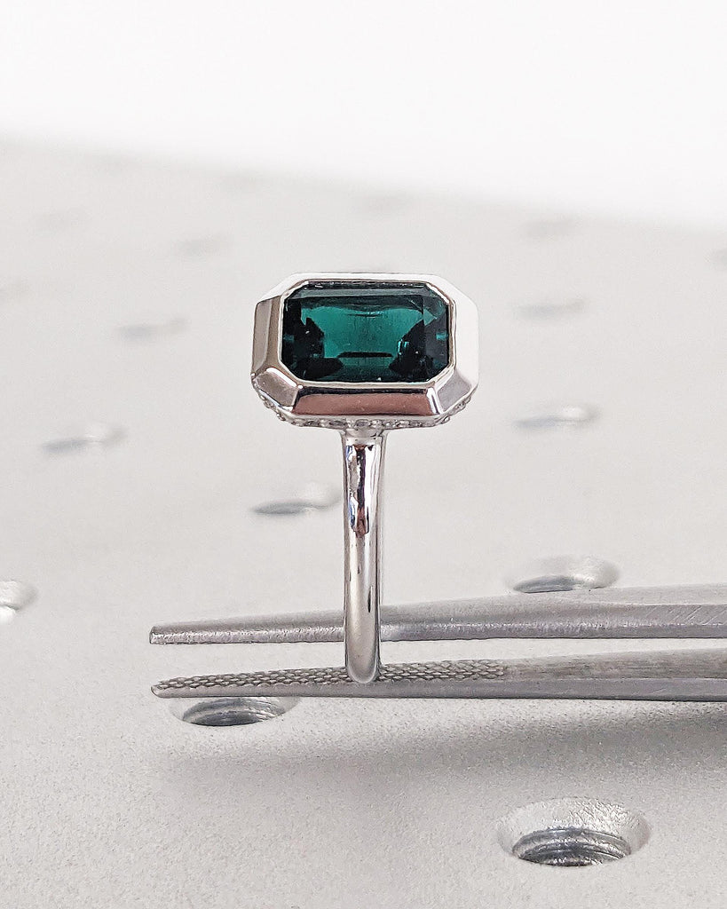 Bezel Set Emerald Cut Emerald Solitaire Wedding Ring | 14K White Gold Diamond Hidden Halo Engagement Ring | May Birthstone Ring | Gemstones image #7