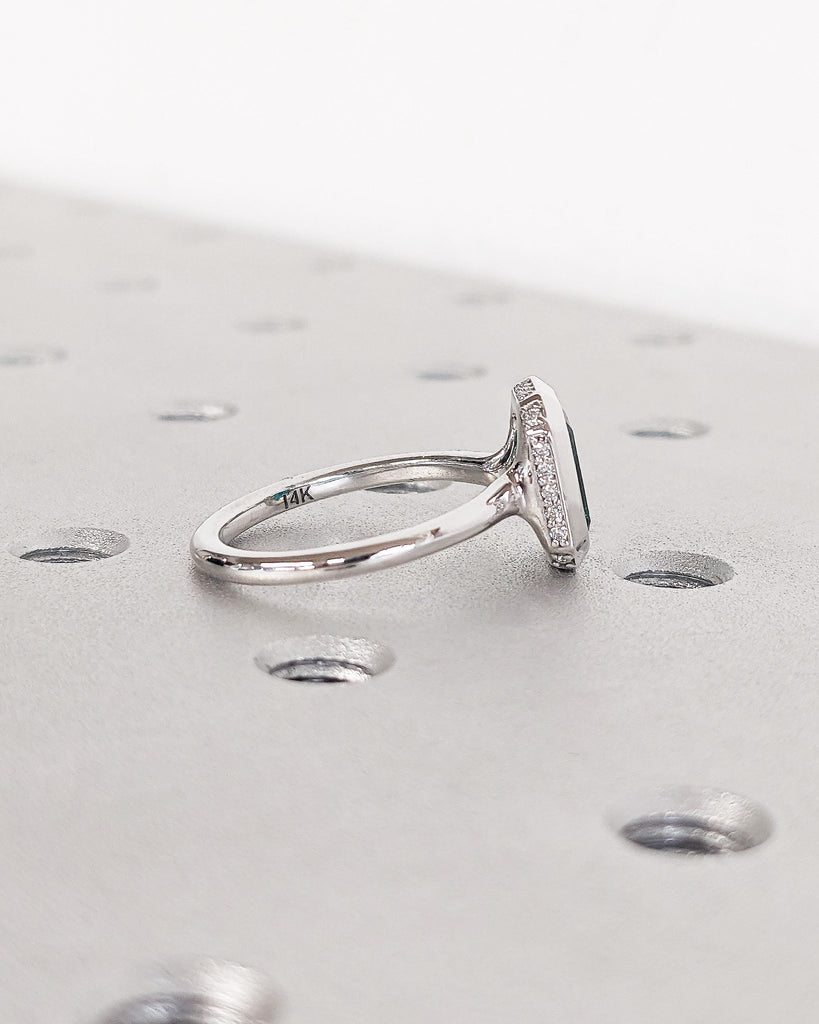 Bezel Set Emerald Cut Emerald Solitaire Wedding Ring | 14K White Gold Diamond Hidden Halo Engagement Ring | May Birthstone Ring | Gemstones image #2