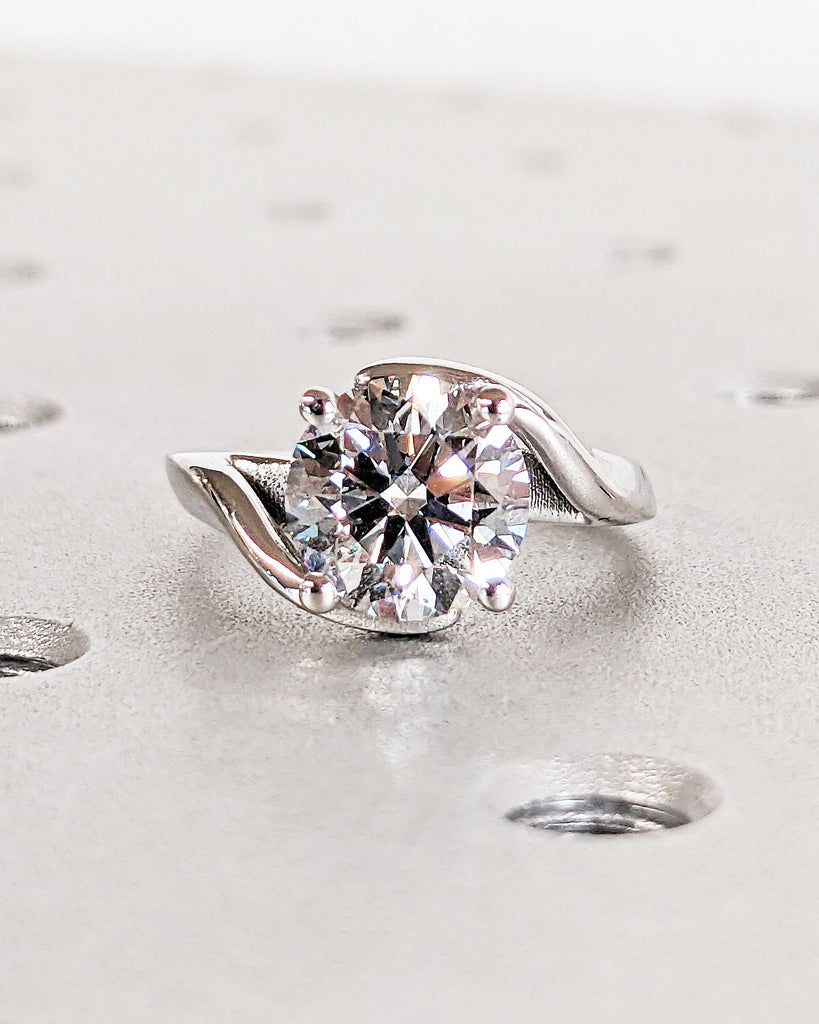 Vintage Moissanite Engagement Ring | White Gold Twist Ring Split Shank | Round Cut Moissanite Wedding Ring | Dainty Moissanite Ring For Her