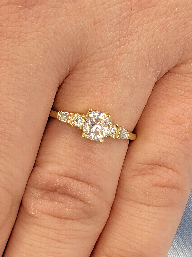 Five Stone Engagement Ring, Cushion Cut Lab Grown Diamond Ring, Round & Tapered Baguette Art Deco Bridal Ring, 5 Stone Diamond Ring for Wife image #3