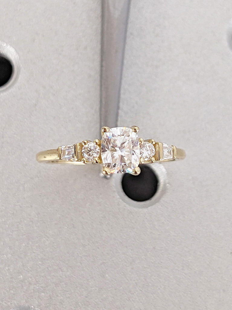 Five Stone Engagement Ring, Cushion Cut Lab Grown Diamond Ring, Round & Tapered Baguette Art Deco Bridal Ring, 5 Stone Diamond Ring for Wife image #2