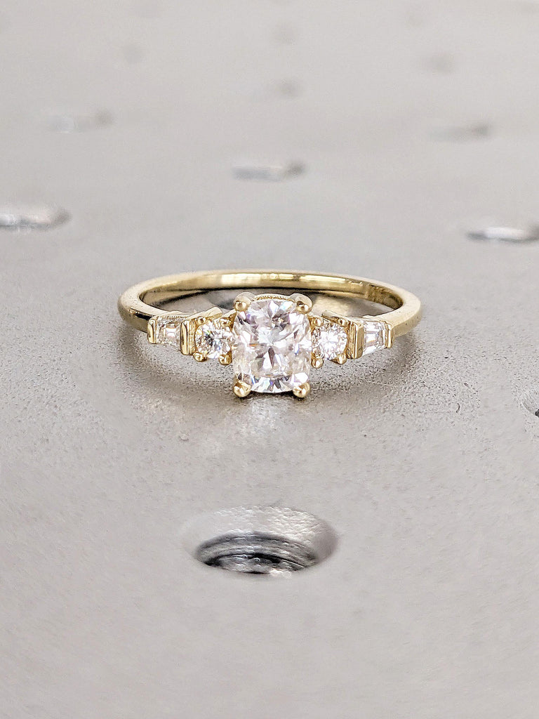 Art Deco IGI Diamond Engagement Ring - 5 Stones Round, Baguette Ring | Gold Wedding Ring Women | Vintage Eco Friendly Lab Diamond Braverman Jewelry | 14k Gold Engagement Ring