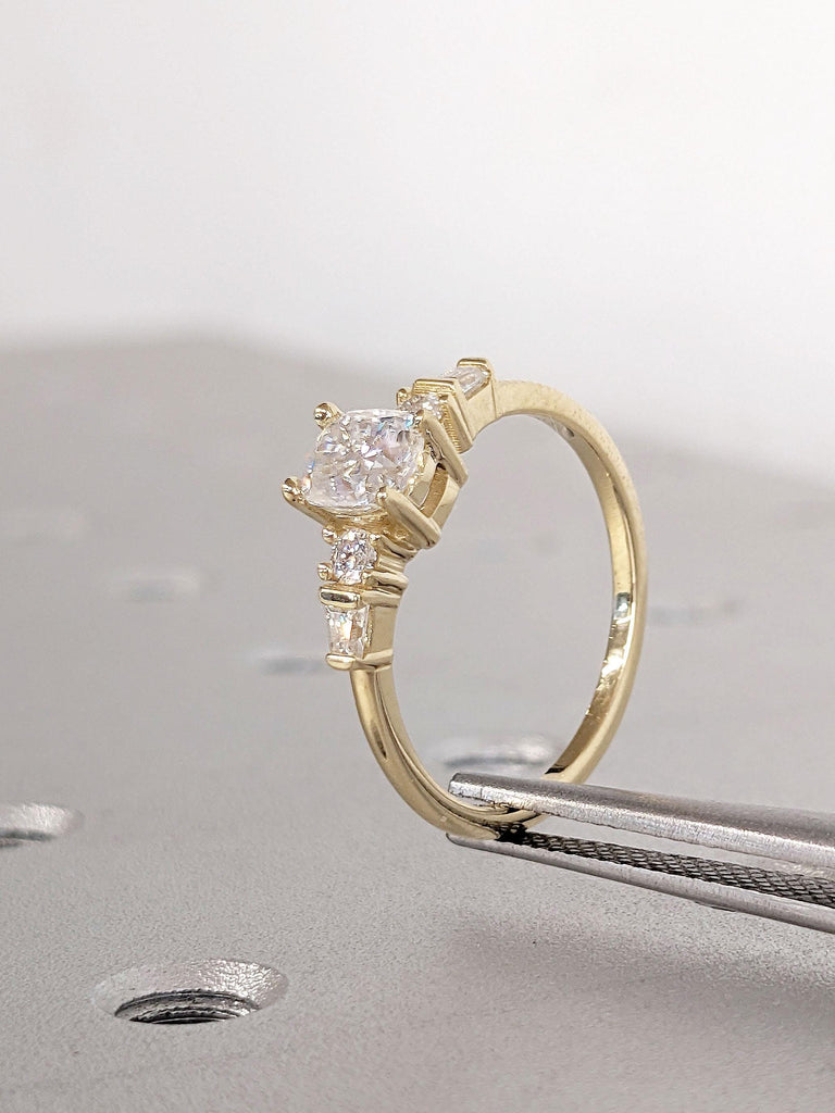 Five Stone Engagement Ring, Cushion Cut Lab Grown Diamond Ring, Round & Tapered Baguette Art Deco Bridal Ring, 5 Stone Diamond Ring for Wife image #6