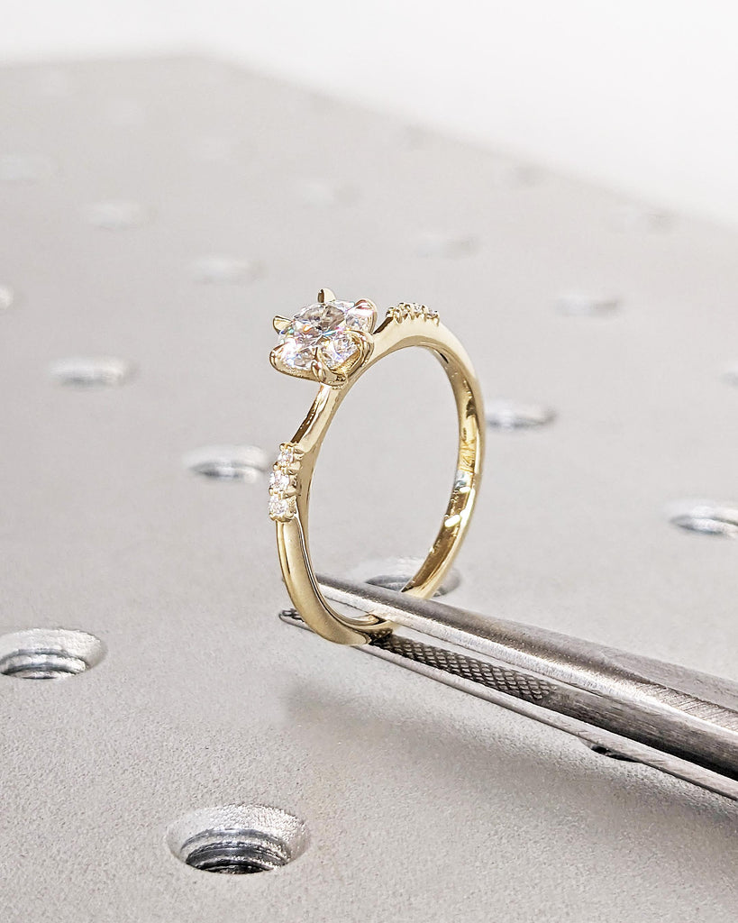 Round Moissanite 14K Yellow Gold Engagement Ring | Unique 6 Prong Diamond Cluster Promise Ring | Minimalist Engagement Ring | Wedding Rings