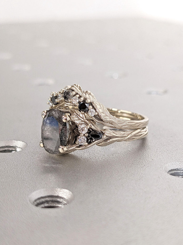 Branch and Leaf Black Diamond Engagement Matching Ring Set | Nature Inspired White Gold Wedding Ring | Twig Gray Salt and Pepper Diamond Promise Ring for Women | Curved Wedding Ring