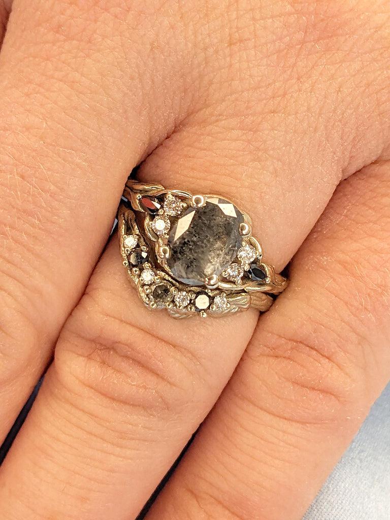Handmade Ring Rustic Engagement Ring | Oval Salt and Pepper Grey Diamond Promise Ring | Wedding Ring Set of 2 | Real Gold Rings for Women