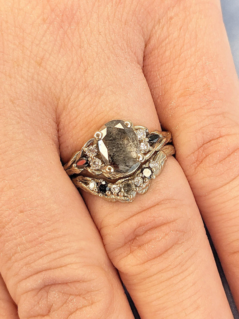 Vintage 1.5ct Oval Gray Salt and Pepper Diamond Engagement Ring | 14k White Gold Ring | Branch Twig Nature Inspired Seven Stone Diamond Wedding Ring Women | Wedding Anniversary Ring Set Gift for Wife