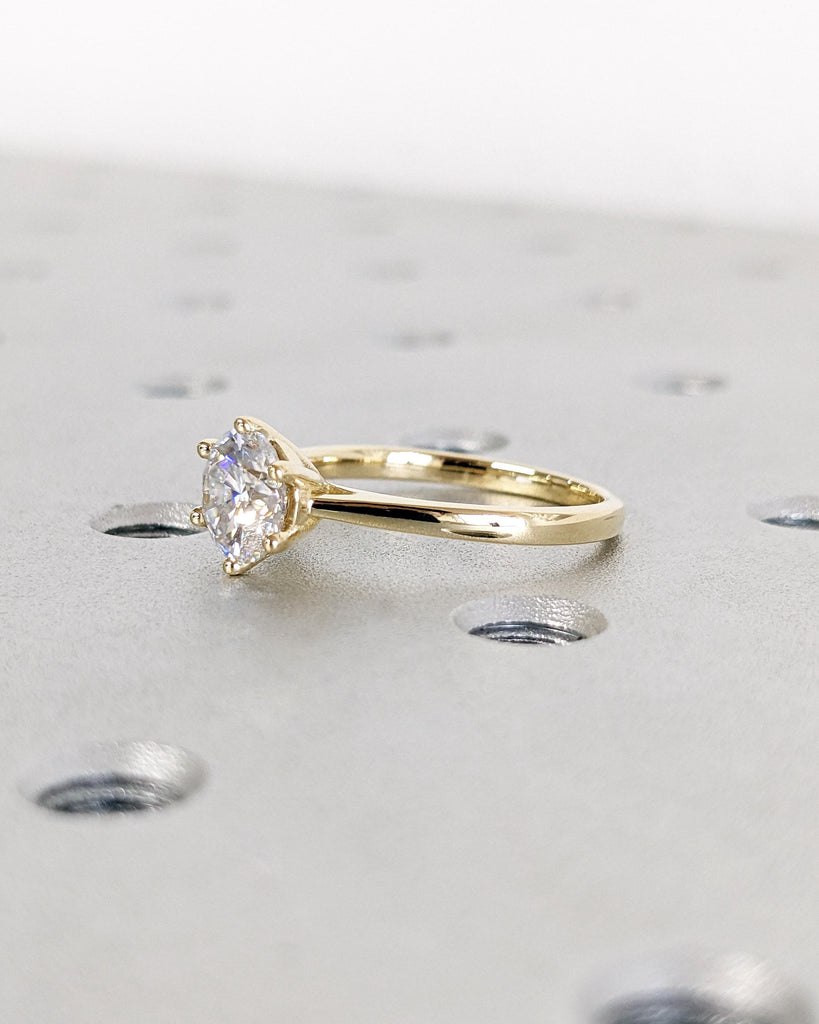 Round Cut Cathedral Engagement Ring, Moissanite Solitaire Engagement Ring, Dainty 14k Yellow Gold Promise Ring for Her, Bridal Gift for Wife