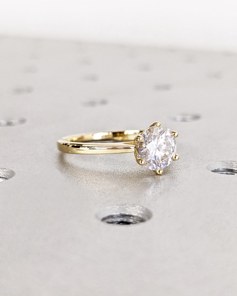 Round Cut Cathedral Engagement Ring, Moissanite Solitaire Engagement Ring, Dainty 14k Yellow Gold Promise Ring for Her, Bridal Gift for Wife