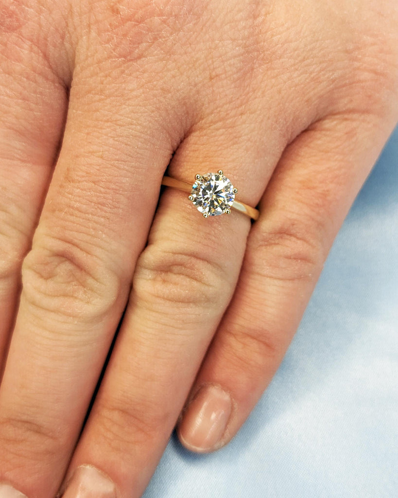 Round Cut Cathedral Engagement Ring, Moissanite Solitaire Engagement Ring, Dainty 14k Yellow Gold Promise Ring for Her, Bridal Gift for Wife