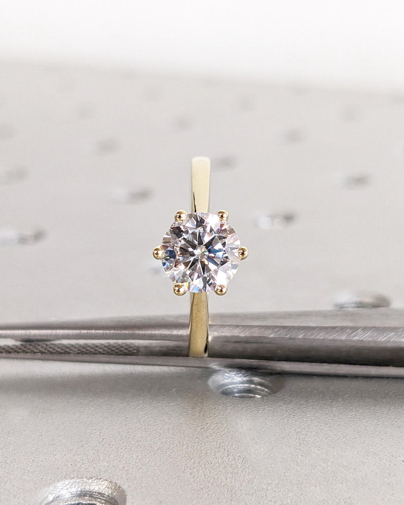 Round Cut Cathedral Engagement Ring, Moissanite Solitaire Engagement Ring, Dainty 14k Yellow Gold Promise Ring for Her, Bridal Gift for Wife