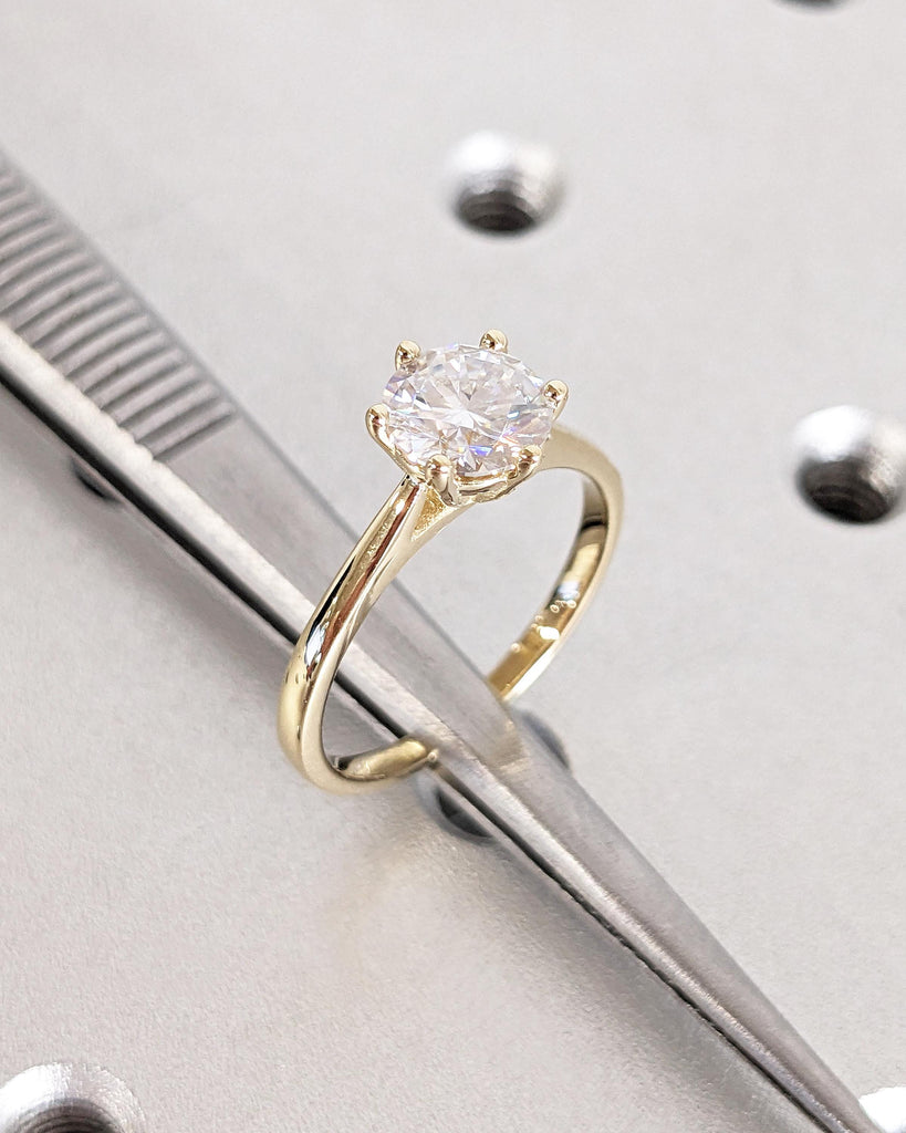 Round Cut Cathedral Engagement Ring, Moissanite Solitaire Engagement Ring, Dainty 14k Yellow Gold Promise Ring for Her, Bridal Gift for Wife