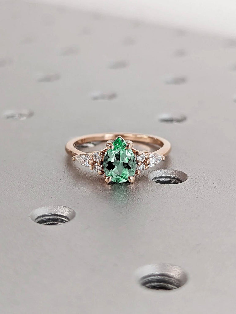 Pear Cut Green Sapphire Engagement Ring | Unique Green Sapphire and Diamond Cluster Ring | Wedding Bridal Ring | 14k/18k Rose Gold Ring