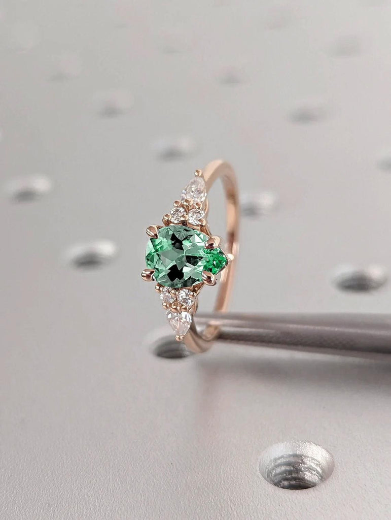 Pear cut Green Sapphire Engagement Ring | Vintage Sapphire Wedding Band | Rose Gold Lab Diamond  Cluster Ring | Unique Green Sapphire and Diamond Bridal Anniversary Ring