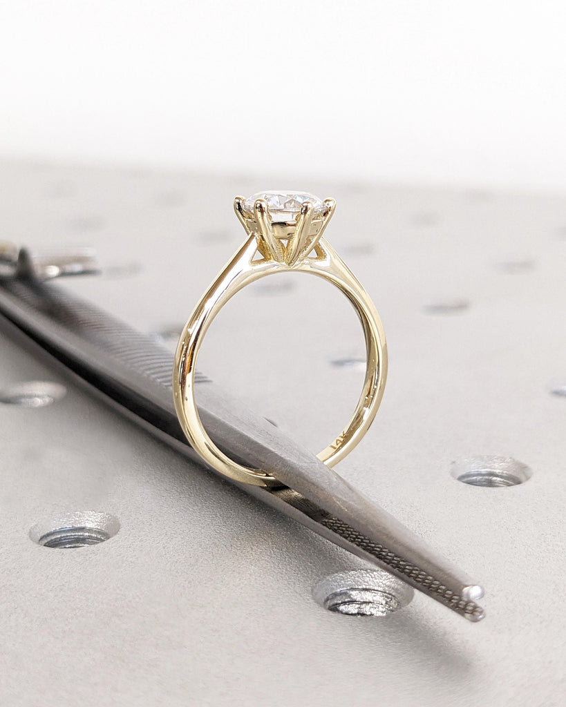 Round Cut Cathedral Engagement Ring, Moissanite Solitaire Engagement Ring, Dainty 14k Yellow Gold Promise Ring for Her, Bridal Gift for Wife
