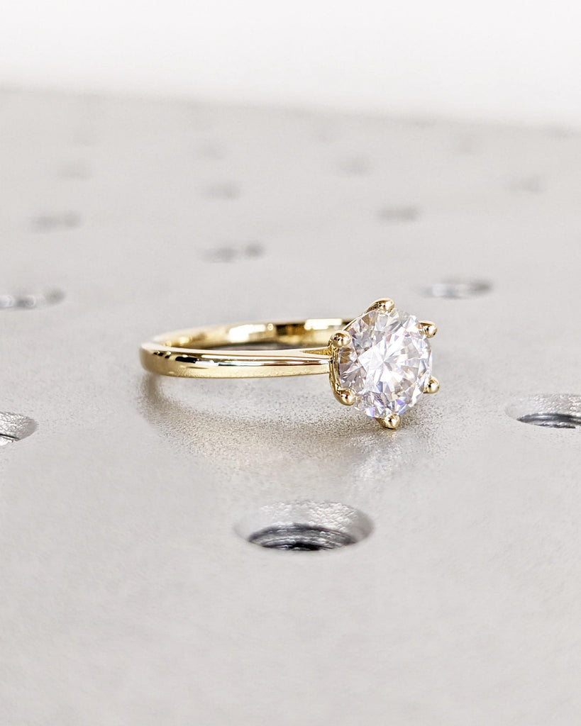 Lab Diamond Solitaire Cathedral Ring / Round Lab Diamond Ring / Dainty 14k Yellow Gold Promise Ring / Statement Ring / Bridal Gift for Wife