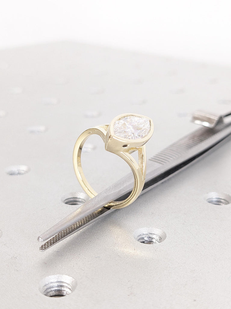 Bezel Set 14k Solid Gold Split Shank Ring, Marquise Cut Moissanite Anniversary Ring, Vintage Promise Ring for Her, Moissanite Statement Ring