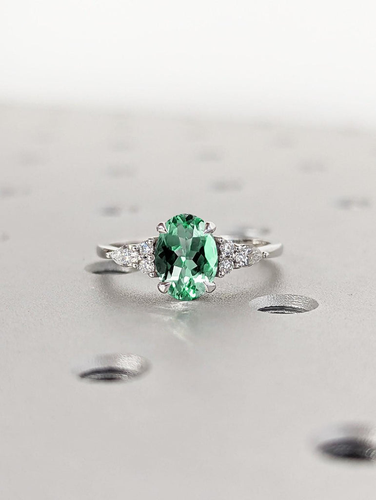 Oval cut Green Sapphire Engagement Ring | Vintage Sapphire Wedding Band | White Gold Lab Diamond  Cluster Ring | Unique Green Sapphire and Diamond Bridal Anniversary Ring