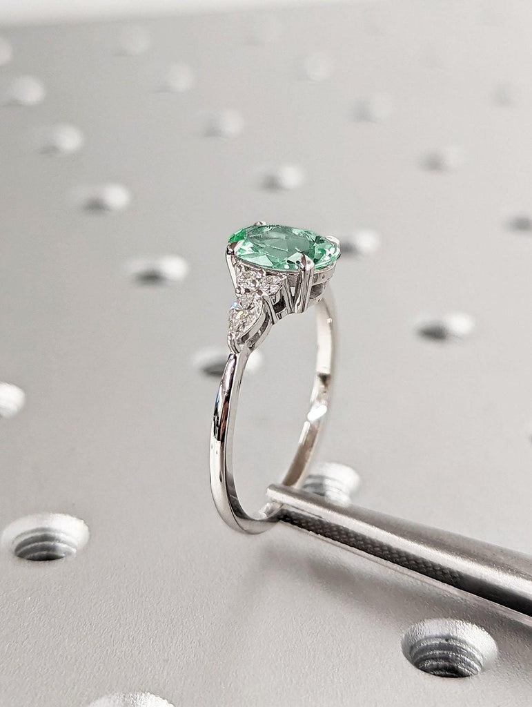 Unique Green Lab Sapphire Ring | Solid White Gold Sapphire and Diamond Promise Ring | 14k Gold Rings for Women | Oval cut Engagement Ring