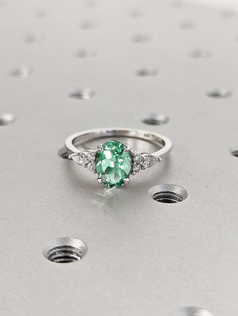 1.5 Carat Green Sapphire Engagement Ring, 14K / 18k White Gold, Light Green Sapphire, Greenish Sapphire Ring, Olive Sapphire, Teal Sapphire Ring