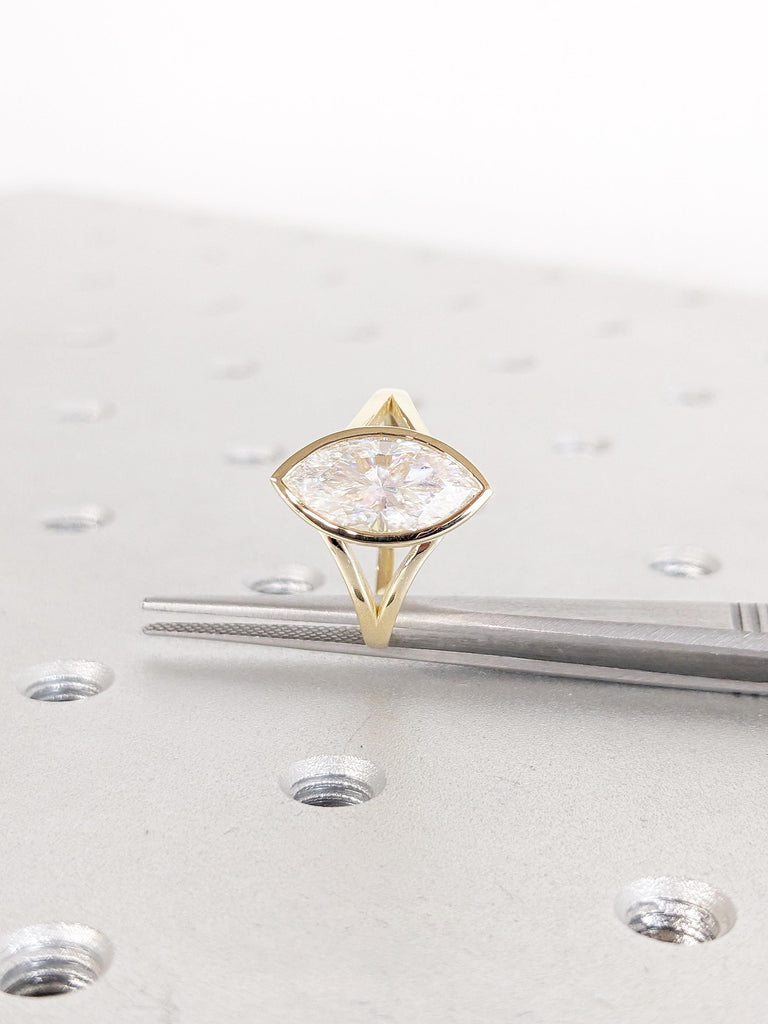Bezel Set 14k Solid Gold Split Shank Ring, Marquise Cut Moissanite Anniversary Ring, Vintage Promise Ring for Her, Moissanite Statement Ring