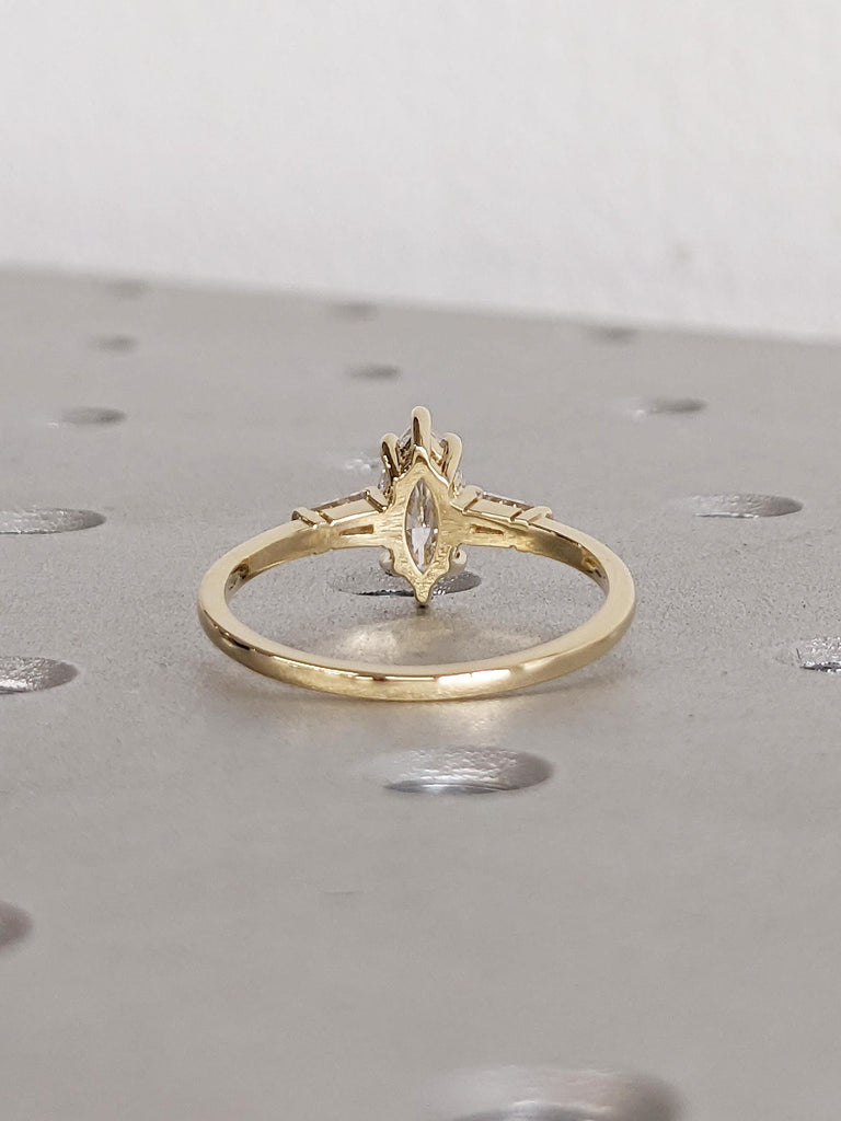 Dainty 14k Gold Women Wedding Ring, Marquise Moissanite Ring, Art Deco Moissanite Anniversary Rings for Women, Unique Tapered Baguette Ring