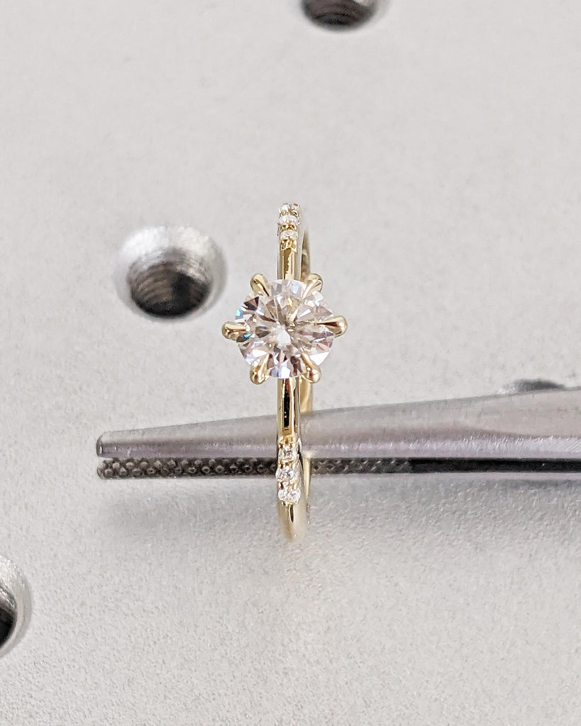 Round Moissanite 14K Yellow Gold Engagement Ring | Unique 6 Prong Diamond Cluster Promise Ring | Minimalist Engagement Ring | Wedding Rings