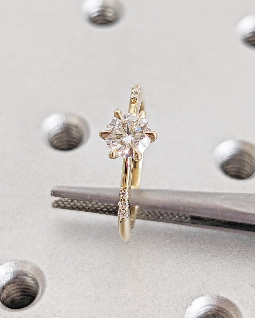 Round Moissanite 14K Yellow Gold Engagement Ring | Unique 6 Prong Diamond Cluster Promise Ring | Minimalist Engagement Ring | Wedding Rings