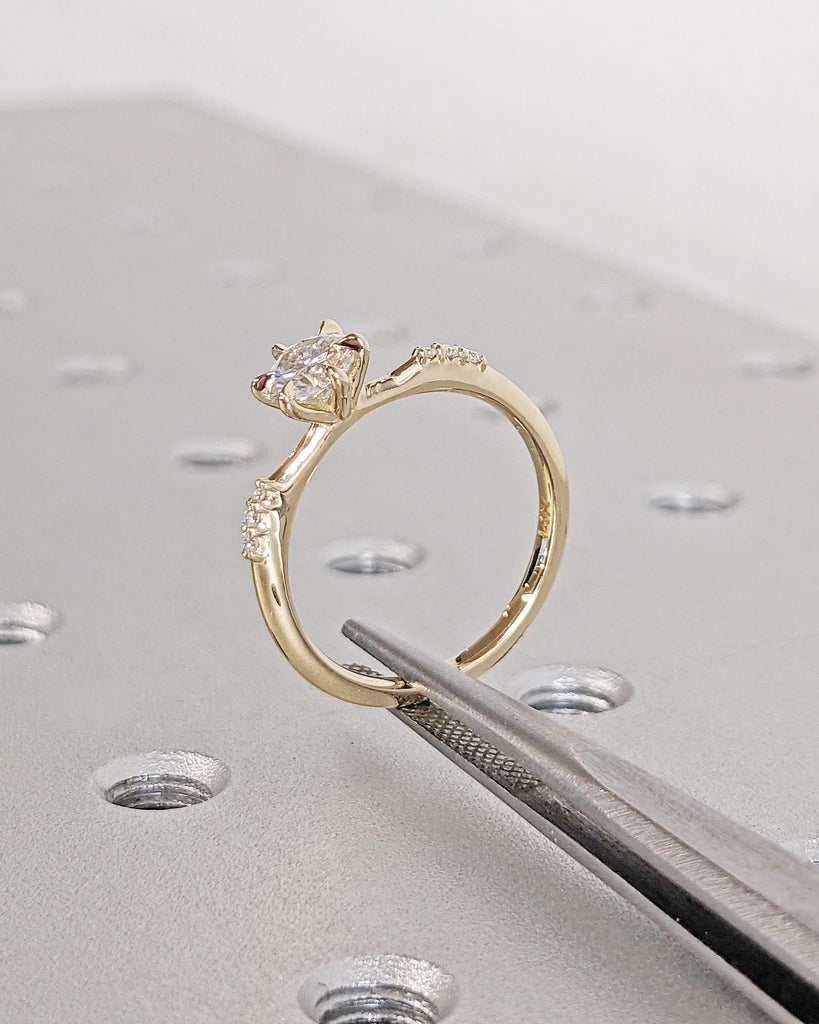 Round Moissanite 14K Yellow Gold Engagement Ring | Unique 6 Prong Diamond Cluster Promise Ring | Minimalist Engagement Ring | Wedding Rings