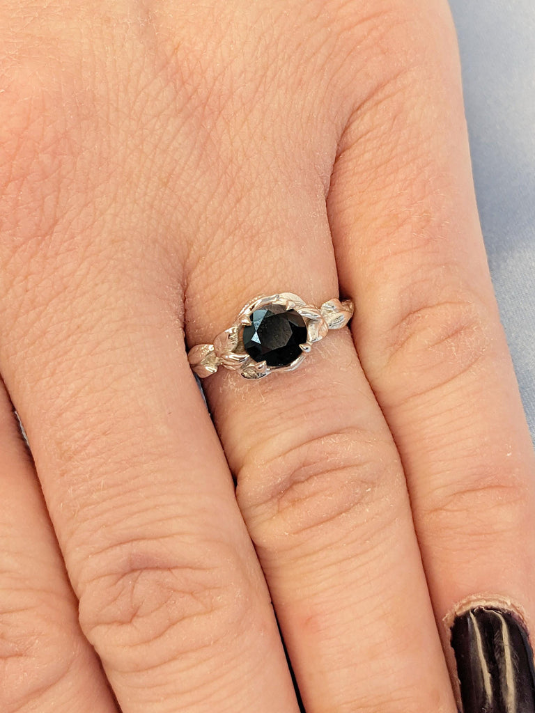 0.5ct Round Black Diamond Engagement Ring | 18k White Gold Rings for Women | Nature Inspired Promise Anniversary Ring