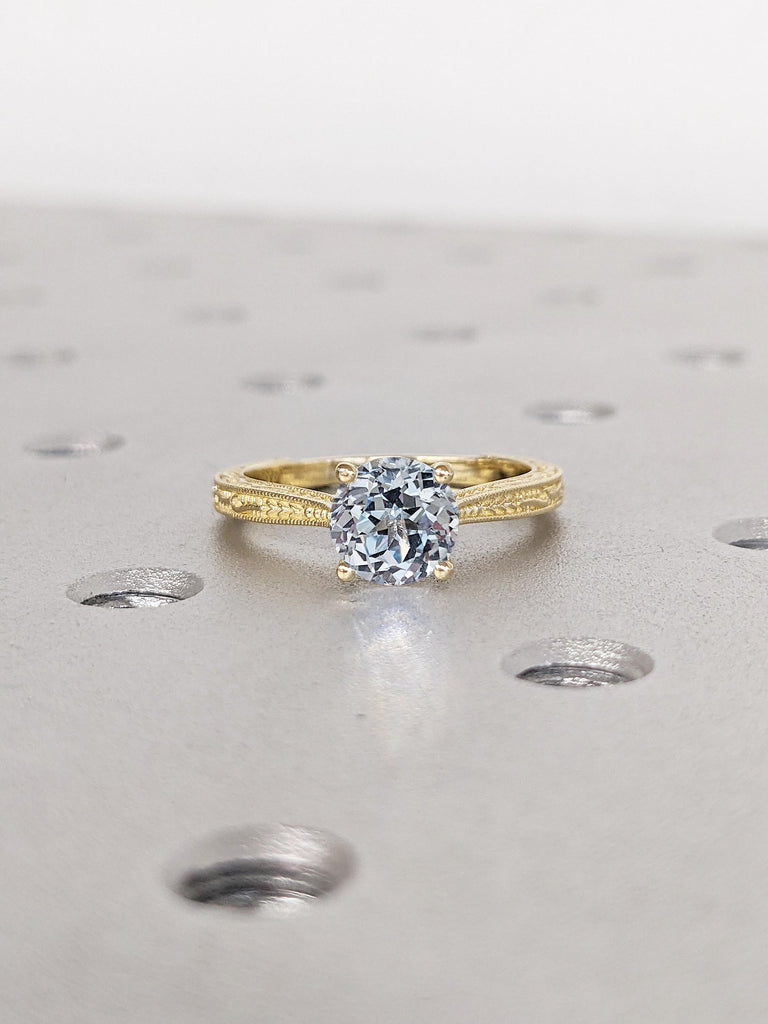Round Lab Aquamarine Ring, Milgrain 14k Solid Gold Engagement Ring for Women, Filigree Aquamarine Promise Ring for Her, Unique Gift for Wife