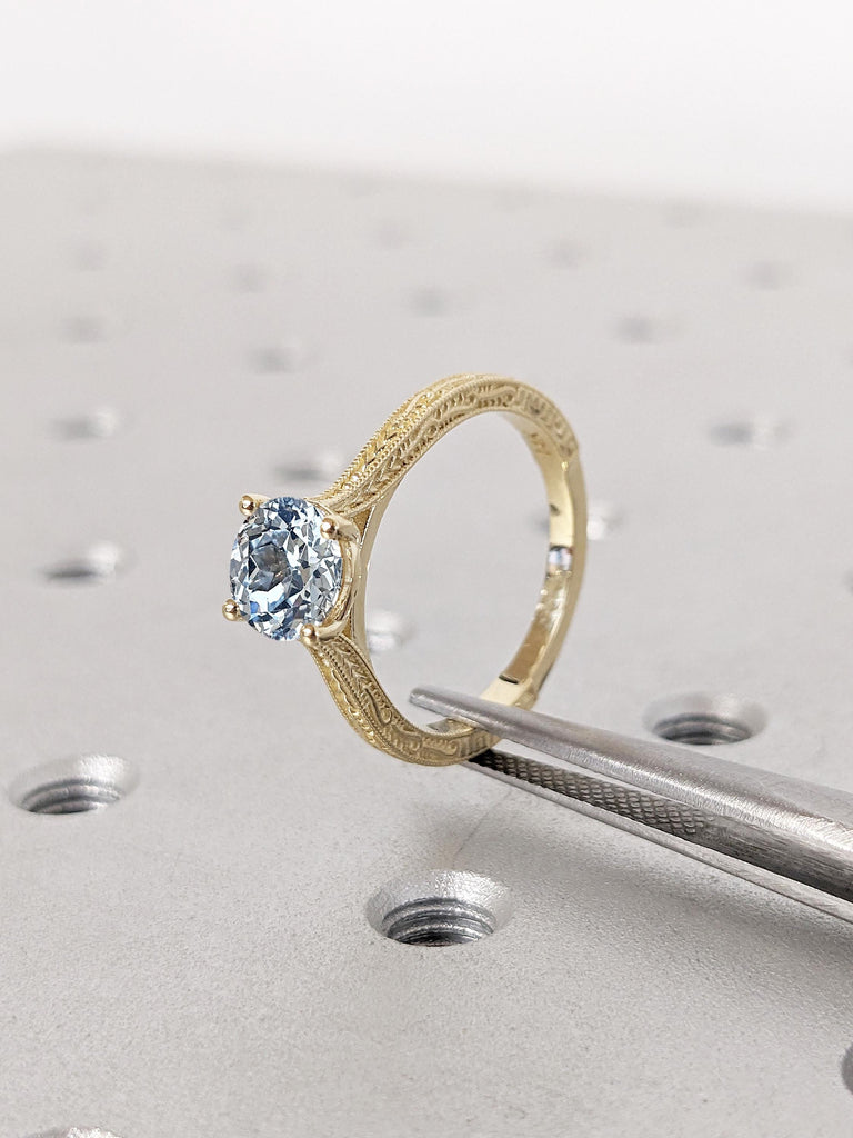 Round Lab Aquamarine Ring, Milgrain 14k Solid Gold Engagement Ring for Women, Filigree Aquamarine Promise Ring for Her, Unique Gift for Wife