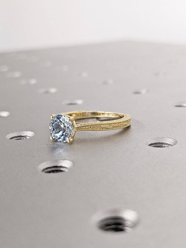 Round Lab Aquamarine Ring, Milgrain 14k Solid Gold Engagement Ring for Women, Filigree Aquamarine Promise Ring for Her, Unique Gift for Wife