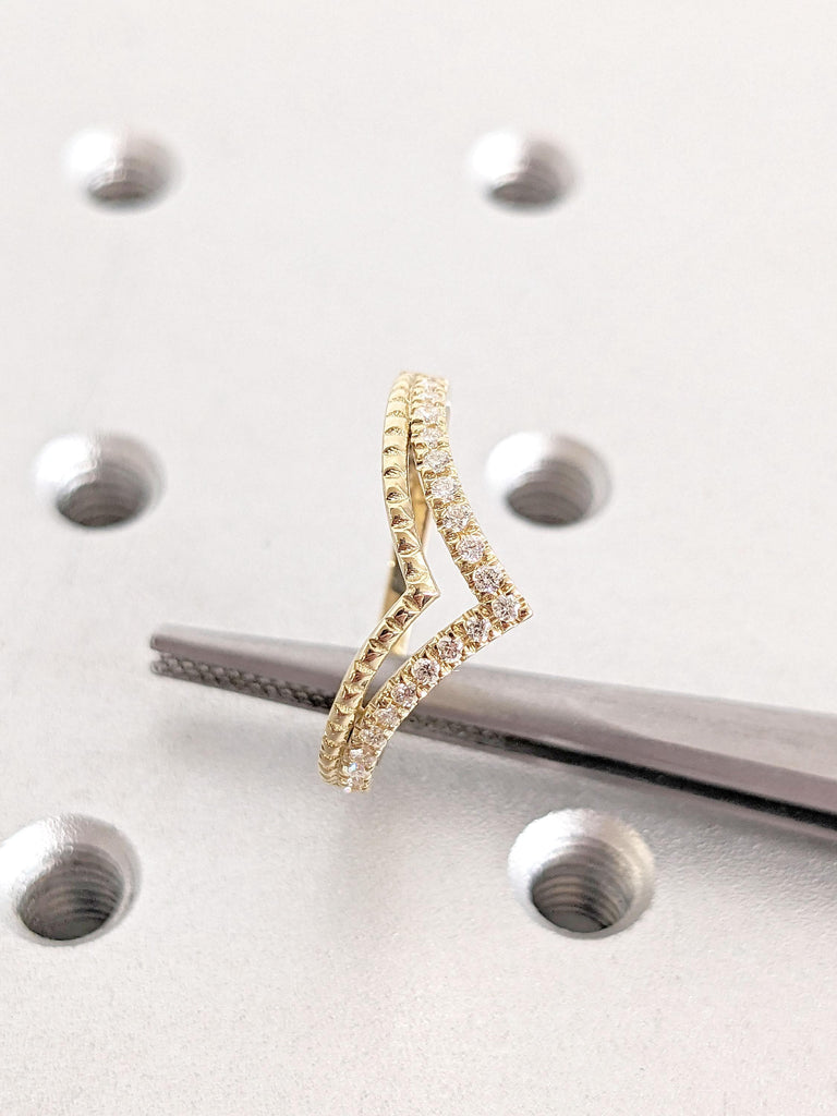 Vintage Moissanite Double Curved Wedding Band | Yellow Gold Moissanite Wedding Ring For Women Stacking Matching Promise Custom Ring Enhancer