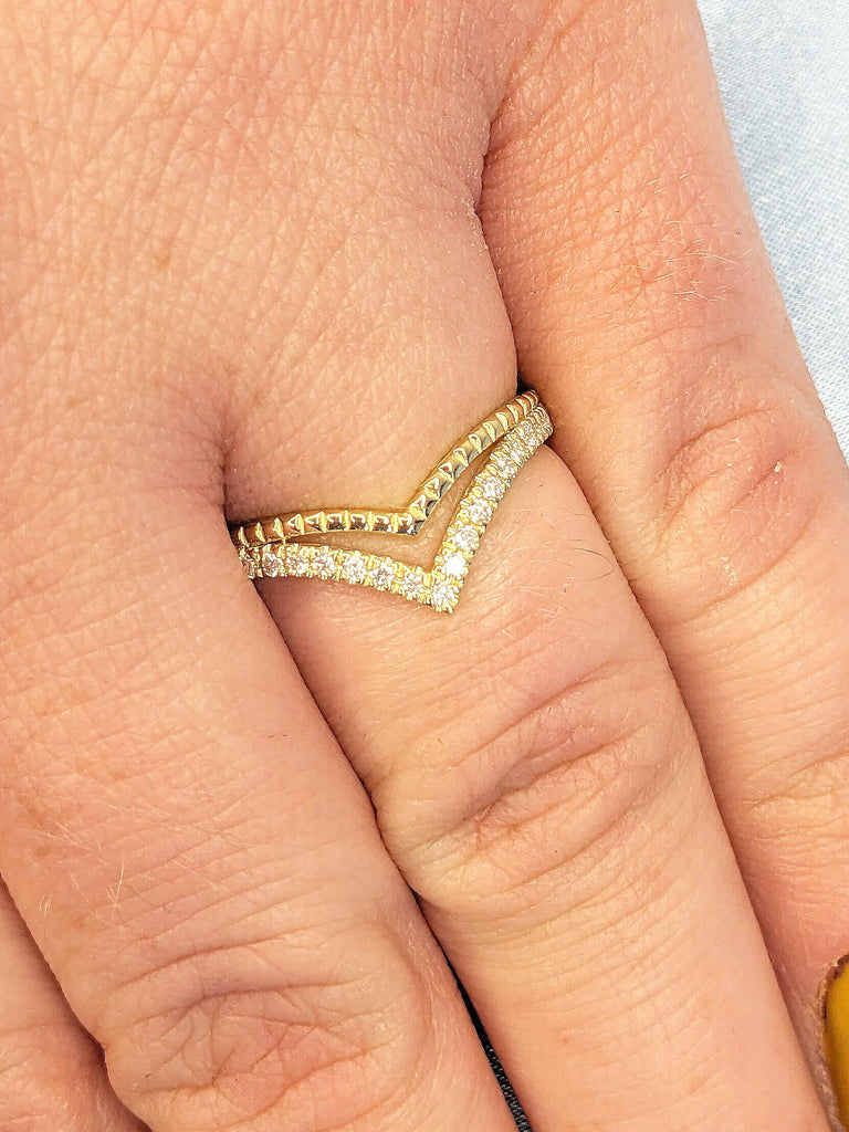 Unique Moissanite Wedding Band | Yellow Gold Moissanite Curved Wedding Ring | Art Deco Stacking Matching Chevron Ring | Promise Rings For Women