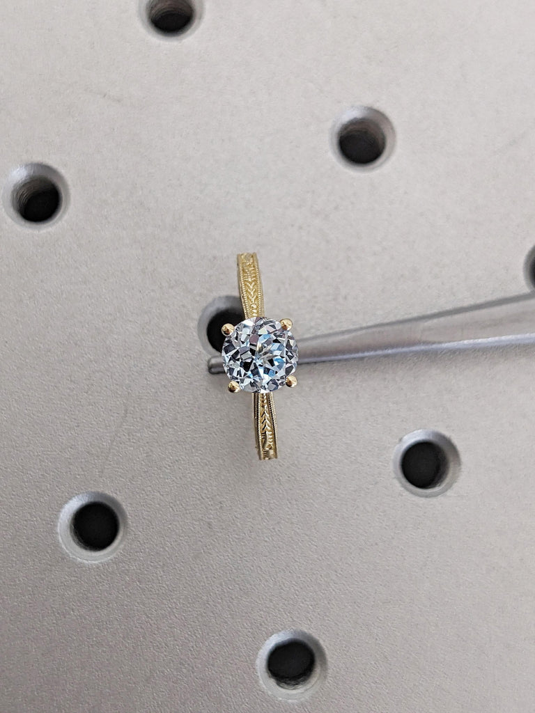 Round Lab Aquamarine Ring, Milgrain 14k Solid Gold Engagement Ring for Women, Filigree Aquamarine Promise Ring for Her, Unique Gift for Wife